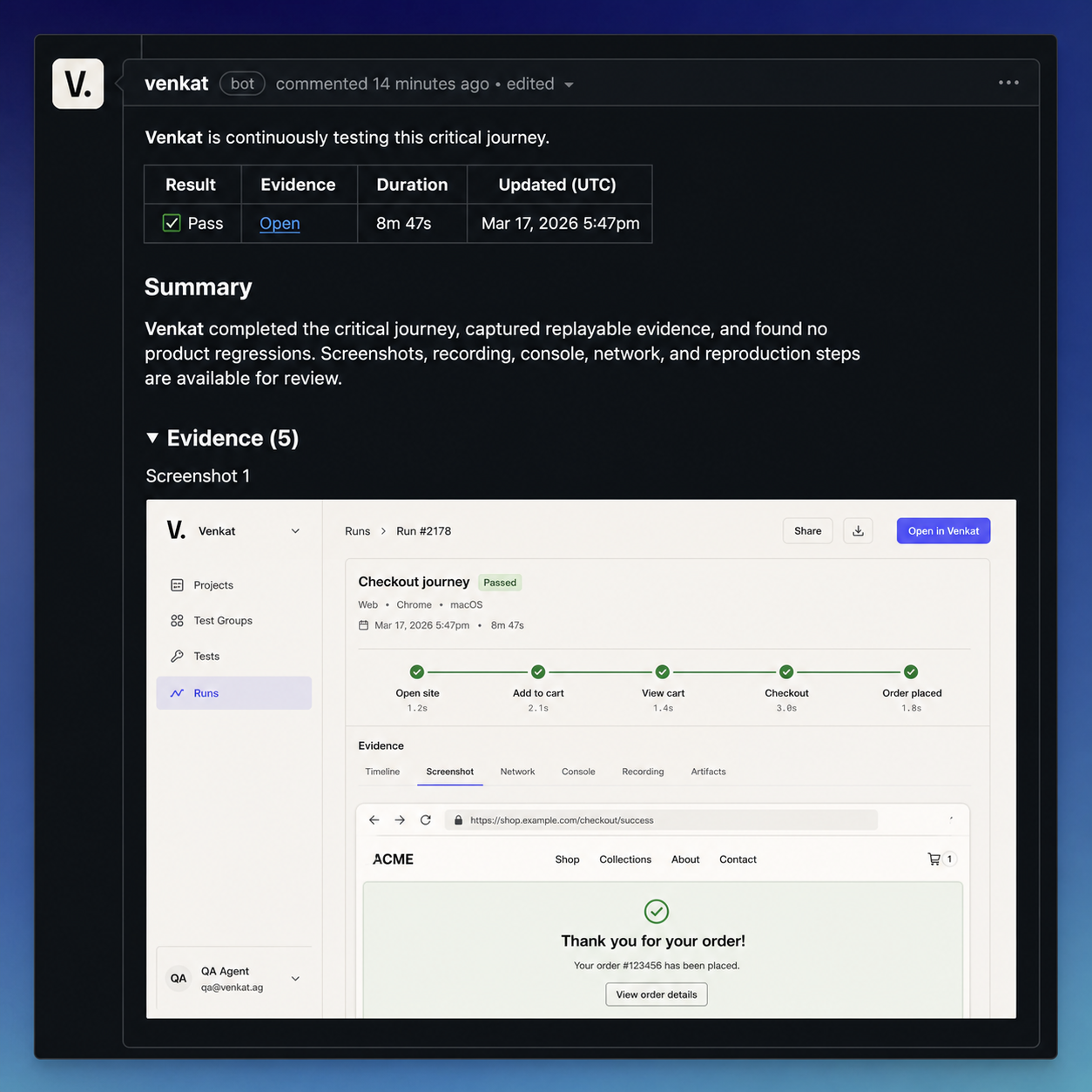 Product preview of a Venkat GitHub comment showing a passed critical journey with replayable screenshots, recording, Console, Network, and reproduction evidence.