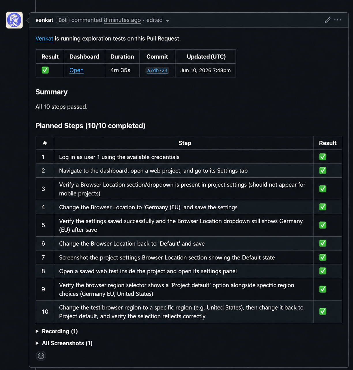 Product preview of a Venkat GitHub pull request comment listing ten dynamically planned exploratory test steps and their results.